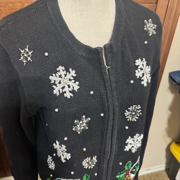 VTG BP Design Black Christmas sweater cardigan Snowflakes embroidered full zip M - Picture 4 of 8